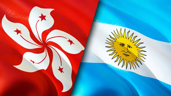 Hong Kong and Argentina flags. 3D Waving flag design. Hong Kong Argentina flag, picture, wallpaper. Hong Kong vs Argentina image,3D rendering. Hong Kong Argentina relations alliance an