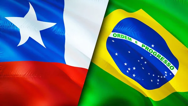 Chile and Brazil flags. 3D Waving flag design. Chile Brazil flag, picture, wallpaper. Chile vs Brazil image,3D rendering. Chile Brazil relations alliance and Trade,travel,tourism concep