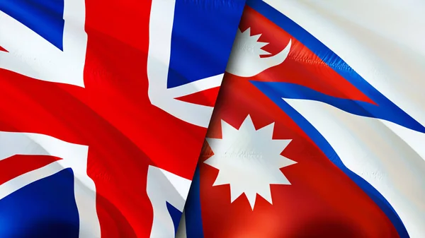 United Kingdom and Nepal flags. 3D Waving flag design. United Kingdom Nepal flag, picture, wallpaper. United Kingdom vs Nepal image,3D rendering. United Kingdom Nepal relations alliance an