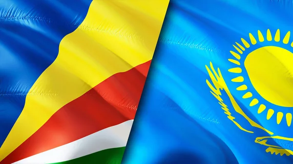 Seychelles and Kazakhstan flags. 3D Waving flag design. Seychelles Kazakhstan flag, picture, wallpaper. Seychelles vs Kazakhstan image,3D rendering. Seychelles Kazakhstan relations alliance an