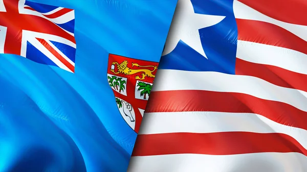 斐济和利比里亚的国旗 3D波浪旗帜设计 斐济国旗 斐济对利比里亚图像 3D渲染 斐济利比里亚关系联盟与贸易 — 图库照片
