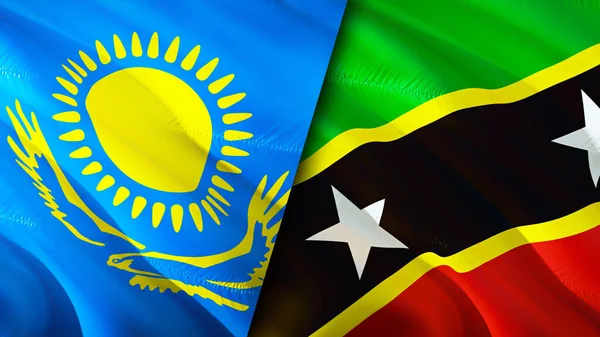 Kazakhstan and Saint Kitts and Nevis flags. 3D Waving flag design. Kazakhstan Saint Kitts and Nevis flag, picture, wallpaper. Kazakhstan vs Saint Kitts and Nevis image,3D rendering. Kazakhstan Sain