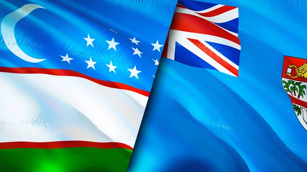 乌兹别克斯坦和斐济的国旗 3D波浪旗帜设计 乌兹别克斯坦国旗 乌兹别克斯坦对斐济的图像 3D渲染 乌兹别克斯坦斐济关系联盟与贸易 — 图库照片