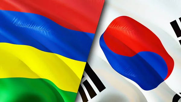 Mauritius and South Korea flags. 3D Waving flag design. Mauritius South Korea flag, picture, wallpaper. Mauritius vs South Korea image,3D rendering. Mauritius South Korea relations alliance an