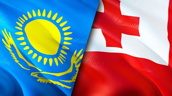 Kazakhstan and Tonga flags. 3D Waving flag design. Kazakhstan Tonga flag, picture, wallpaper. Kazakhstan vs Tonga image,3D rendering. Kazakhstan Tonga relations alliance and Trade,travel,touris