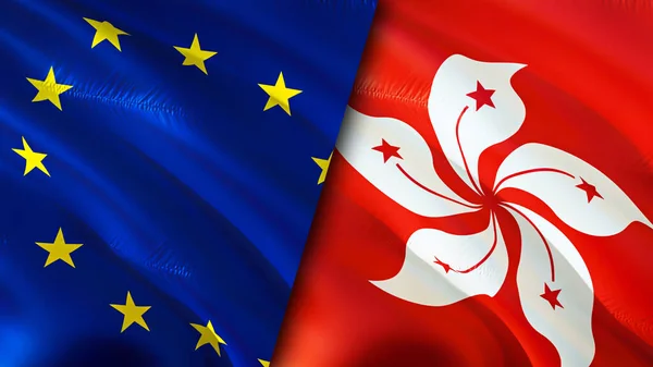 European Union and Hong Kong flags. 3D Waving flag design. European Union Hong Kong flag, picture, wallpaper. European Union vs Hong Kong image,3D rendering. European Union Hong Kong relation