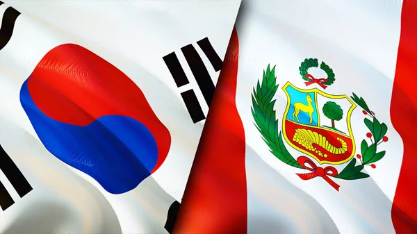Güney Kore ve Peru bayrakları. 3 boyutlu dalgalanan bayrak tasarımı. Güney Kore Peru bayrağı, resim, duvar kağıdı. Güney Kore, Peru imajına karşı, 3D görüntüleme. Güney Kore Peru ilişkileri ittifak ve ticaret, seyahat, turnuva