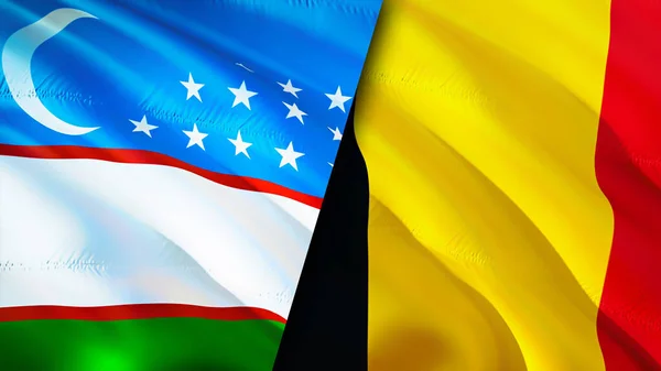 Uzbekistan and Belgium flags. 3D Waving flag design. Uzbekistan Belgium flag, picture, wallpaper. Uzbekistan vs Belgium image,3D rendering. Uzbekistan Belgium relations alliance an