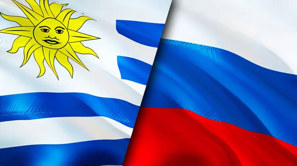 Uruguay and Russia flags. 3D Waving flag design. Uruguay Russia flag, picture, wallpaper. Uruguay vs Russia image,3D rendering. Uruguay Russia relations alliance and Trade,travel,tourism concep