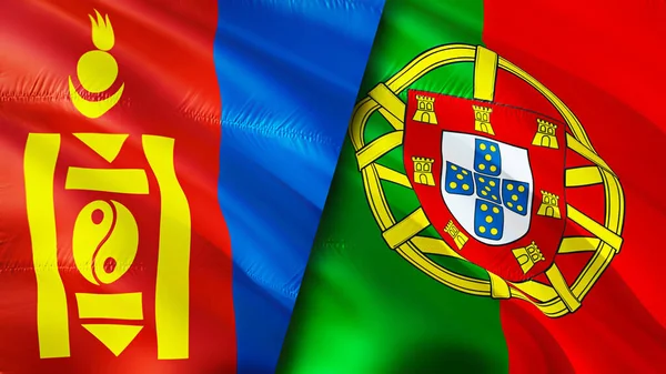 モンゴルとポルトガルの国旗 3D波動旗のデザイン モンゴルポルトガル国旗 モンゴル対ポルトガルの画像 3Dレンダリング モンゴルポルトガル関係と貿易 ツアー — ストック写真