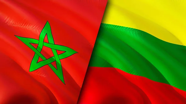 Morocco and Lithuania flags. 3D Waving flag design. Morocco Lithuania flag, picture, wallpaper. Morocco vs Lithuania image,3D rendering. Morocco Lithuania relations alliance and Trade,travel,touris