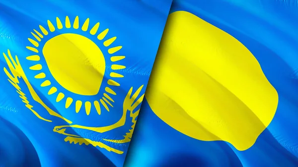Σημαίες Καζακστάν Και Παλάου Σχεδιασμός Τρισδιάστατης Κυματιστή Σημαίας Σημαία Καζακστάν — Φωτογραφία Αρχείου
