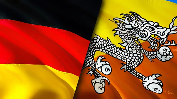 Germany and Bhutan flags. 3D Waving flag design. Germany Bhutan flag, picture, wallpaper. Germany vs Bhutan image,3D rendering. Germany Bhutan relations alliance and Trade,travel,tourism concep