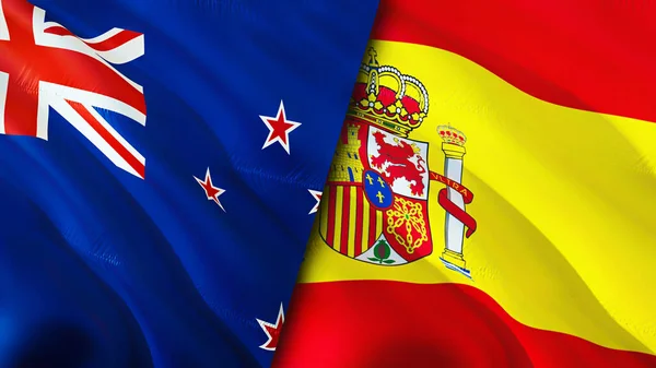 New Zealand and Spain flags. 3D Waving flag design. New Zealand Spain flag, picture, wallpaper. New Zealand vs Spain image,3D rendering. New Zealand Spain relations war alliance concept.Trade
