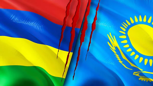 Mauritius and Kazakhstan flags with scar concept. Waving flag,3D rendering. Mauritius and Kazakhstan conflict concept. Mauritius Kazakhstan relations concept. flag of Mauritius and Kazakhsta