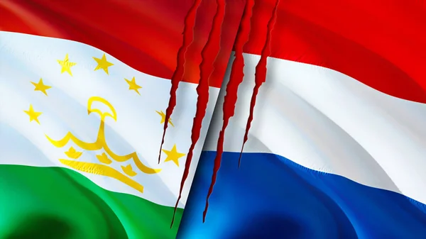 Tajikistan and Netherlands flags with scar concept. Waving flag,3D rendering. Tajikistan and Netherlands conflict concept. Tajikistan Netherlands relations concept. flag of Tajikistan an