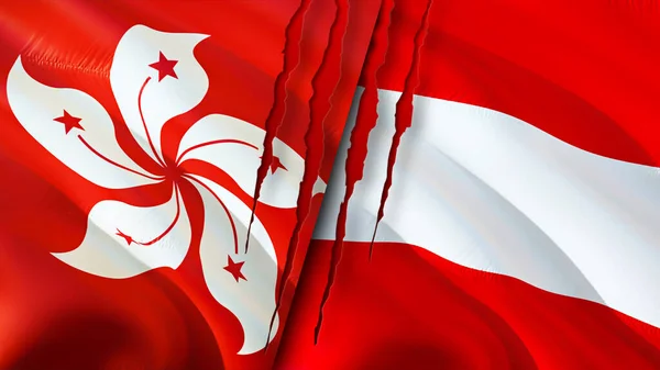 Hong Kong and Austria flags with scar concept. Waving flag,3D rendering. Hong Kong and Austria conflict concept. Hong Kong Austria relations concept. flag of Hong Kong and Austria crisis,war, attac