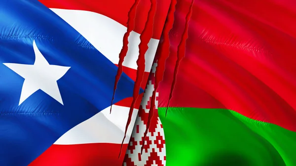 Puerto Rico and Belarus flags with scar concept. Waving flag,3D rendering. Puerto Rico and Belarus conflict concept. Puerto Rico Belarus relations concept. flag of Puerto Rico and Belaru