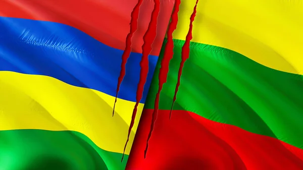 毛里求斯和立陶宛的国旗带有伤疤概念 飘扬的旗帜 3D渲染 毛里求斯和立陶宛冲突概念 毛里求斯立陶宛关系概念 毛里求斯国旗和毛里求斯国旗 — 图库照片