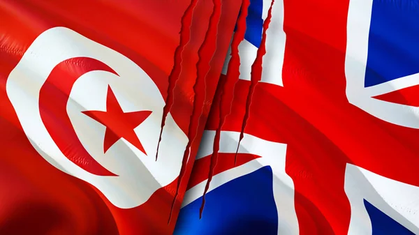 Tunisia and United Kingdom flags with scar concept. Waving flag,3D rendering. Tunisia and United Kingdom conflict concept. Tunisia United Kingdom relations concept. flag of Tunisia and Unite