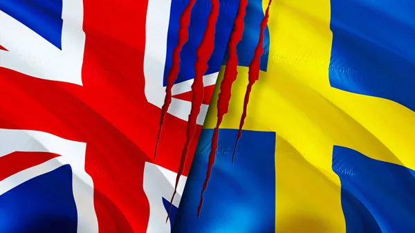 United Kingdom and Sweden flags with scar concept. Waving flag,3D rendering. United Kingdom and Sweden conflict concept. United Kingdom Sweden relations concept. flag of United Kingdom and Swede