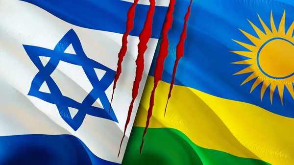 Israel and Rwanda flags with scar concept. Waving flag,3D rendering. Israel and Rwanda conflict concept. Israel Rwanda relations concept. flag of Israel and Rwanda crisis,war, attack concep