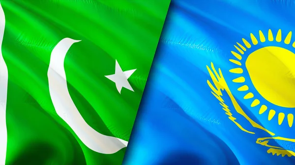 Pakistan and Kazakhstan flags. 3D Waving flag design. Pakistan Kazakhstan flag, picture, wallpaper. Pakistan vs Kazakhstan image,3D rendering. Pakistan Kazakhstan relations alliance an
