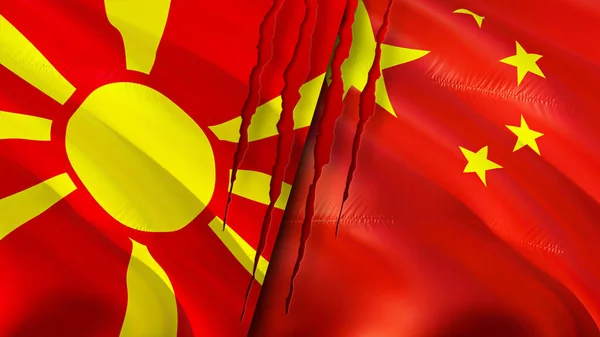 Drapeaux Macédoine Nord Chine Avec Concept Cicatrice Drapeau Rendu Concept — Photo