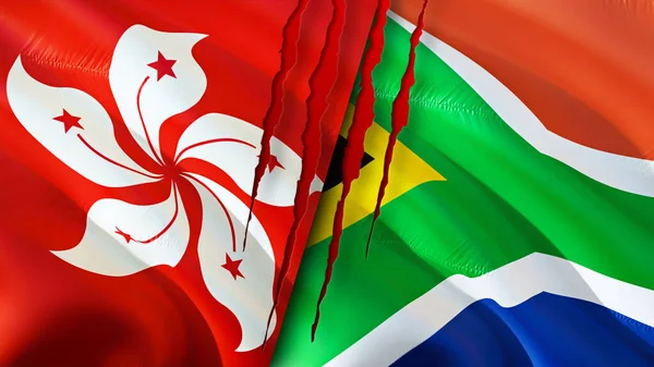 Hong Kong and South Africa flags with scar concept. Waving flag,3D rendering. Hong Kong and South Africa conflict concept. Hong Kong South Africa relations concept. flag of Hong Kong and Sout