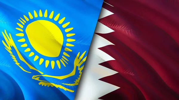 Kazakhstan and Qatar flags. 3D Waving flag design. Kazakhstan Qatar flag, picture, wallpaper. Kazakhstan vs Qatar image,3D rendering. Kazakhstan Qatar relations alliance and Trade,travel,touris