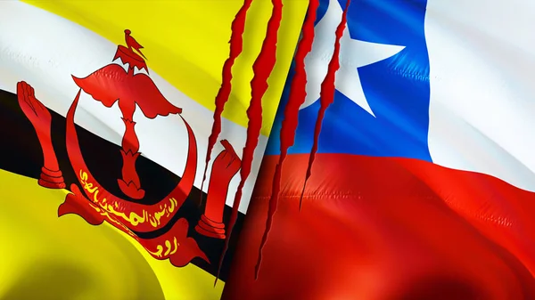 Brunei and Chile flags with scar concept. Waving flag,3D rendering. Brunei and Chile conflict concept. Brunei Chile relations concept. flag of Brunei and Chile crisis,war, attack concep