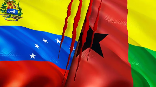 Venezuela and Guinea Bissau flags with scar concept. Waving flag,3D rendering. Venezuela and Guinea Bissau conflict concept. Venezuela Guinea Bissau relations concept. flag of Venezuela and Guine