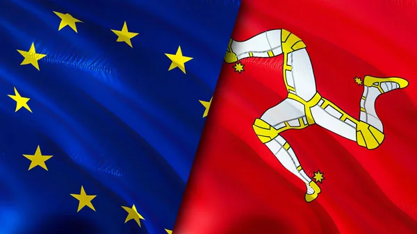 European Union and Isle of Man flags. 3D Waving flag design. European Union Isle of Man flag, picture, wallpaper. European Union vs Isle of Man image,3D rendering. European Union Isle of Ma