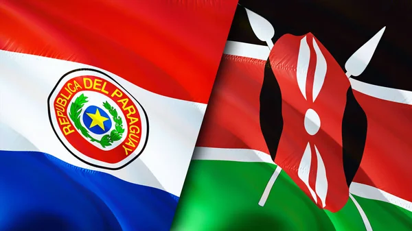 Paraguay ve Kenya bayrakları. 3 boyutlu dalgalanan bayrak tasarımı. Paraguay Kenya bayrağı, resim, duvar kağıdı. Paraguay, Kenya görüntüsüne karşı, 3D görüntüleme. Paraguay Kenya ilişkileri ittifak ve ticaret, seyahat, turizm konsepti