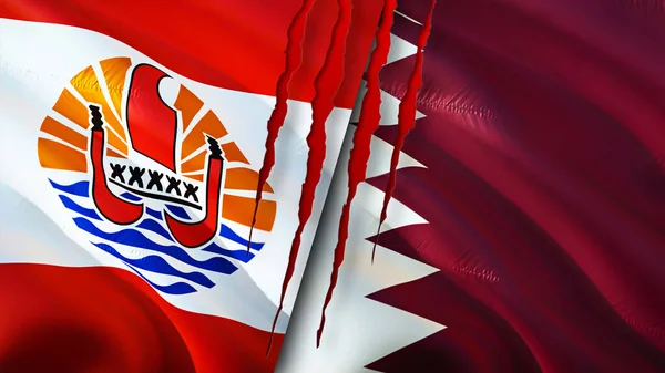 French Polynesia and Qatar flags with scar concept. Waving flag,3D rendering. French Polynesia and Qatar conflict concept. French Polynesia Qatar relations concept. flag of French Polynesia an