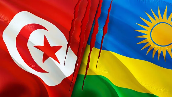 Tunisia and Rwanda flags with scar concept. Waving flag,3D rendering. Tunisia and Rwanda conflict concept. Tunisia Rwanda relations concept. flag of Tunisia and Rwanda crisis,war, attack concep