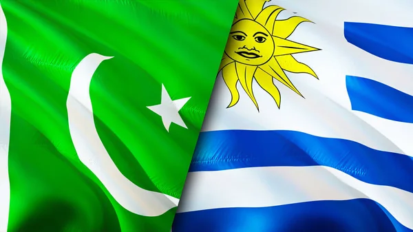 Pakistan and Uruguay flags. 3D Waving flag design. Pakistan Uruguay flag, picture, wallpaper. Pakistan vs Uruguay image,3D rendering. Pakistan Uruguay relations alliance and Trade,travel,touris