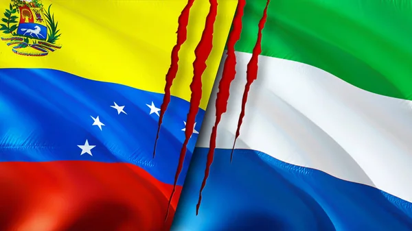 ベネズエラとシエラレオネは傷跡の概念でフラグを立てます 旗を振って3Dレンダリング ベネズエラとシエラレオネは対立する ベネズエラ シエラレオネ関係の概念 ベネズエラとシアーの旗 — ストック写真