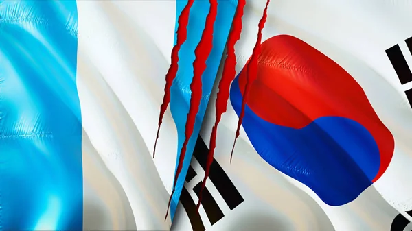 Guatemala and South Korea flags with scar concept. Waving flag 3D rendering. Guatemala and South Korea conflict concept. Guatemala South Korea relations concept. flag of Guatemala and South Kore