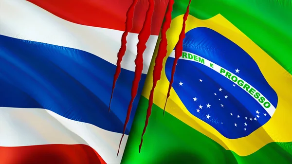 Yara Izi Olan Tayland Brezilya Bayrakları Dalgalanan Bayrak Boyutlu Görüntüleme — Stok fotoğraf