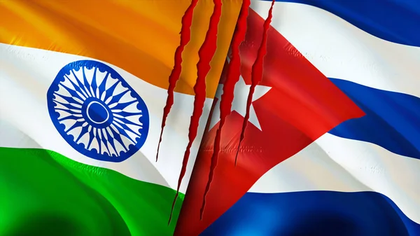 India and Cuba flags with scar concept. Waving flag,3D rendering. India and Cuba conflict concept. India Cuba relations concept. flag of India and Cuba crisis,war, attack concep