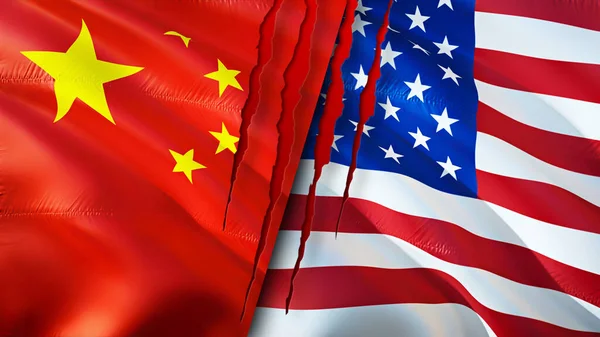 Flaggen Chinas Und Der Usa Mit Narbenkonzept Fahnenschwenken Rendering Konflikt — Stockfoto