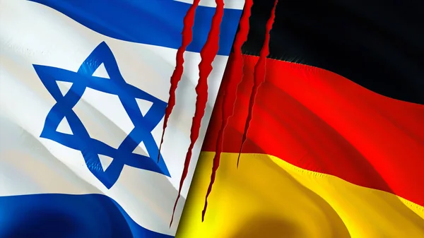 Israel and Germany flags with scar concept. Waving flag,3D rendering. Israel and Germany conflict concept. Israel Germany relations concept. flag of Israel and Germany crisis,war, attack concep