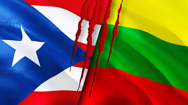 Puerto Rico and Lithuania flags with scar concept. Waving flag,3D rendering. Puerto Rico and Lithuania conflict concept. Puerto Rico Lithuania relations concept. flag of Puerto Rico and Lithuani
