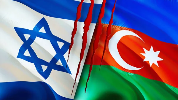 Israel and Azerbaijan flags with scar concept. Waving flag,3D rendering. Israel and Azerbaijan conflict concept. Israel Azerbaijan relations concept. flag of Israel and Azerbaijan crisis,war, attac