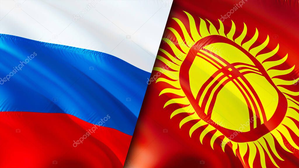 Russia and Kyrgyzstan flags. 3D Waving flag design. Russia Kyrgyzstan flag, picture, wallpaper. Russia vs Kyrgyzstan image,3D rendering. Russia Kyrgyzstan relations alliance and Trade,travel,touris