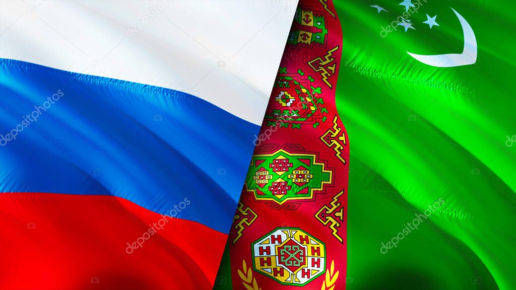 Russia and Turkmenistan flags. 3D Waving flag design. Russia Turkmenistan flag, picture, wallpaper. Russia vs Turkmenistan image,3D rendering. Russia Turkmenistan relations alliance an