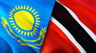 Kazakistan, Trinidad ve Tobago bayrakları. 3 boyutlu dalgalanan bayrak tasarımı. Kazakistan Trinidad ve Tobago bayrağı, resim, duvar kağıdı. Kazakistan, Trinidad ve Tobago 'ya karşı, görüntü 3D. Kazakistan Trinida