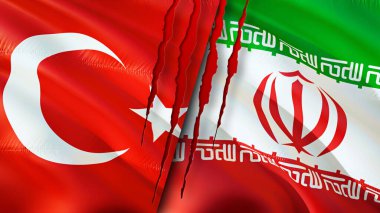 Yara izi olan Türkiye ve İran bayrakları. Dalgalanan bayrak, 3 boyutlu görüntüleme. Türkiye ve İran çatışma konsepti. Türkiye İran ilişkileri kavramı. Türkiye ve İran krizi bayrağı, savaş, saldırı konsepti