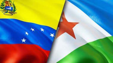 Venezuela ve Cibuti bayrakları. 3 boyutlu dalgalanan bayrak tasarımı. Venezuela Cibuti bayrağı, resim, duvar kağıdı. Venezuela, Cibuti 'ye karşı, görüntü 3 boyutlu. Venezuela Cibuti ilişkiler ittifakı